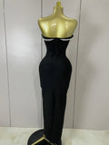 Sexy Backless Strapless Black Beading Long Bandage Bodycon Dress Women Celebrity Elegant Evening Luxury Birthday Dresses
