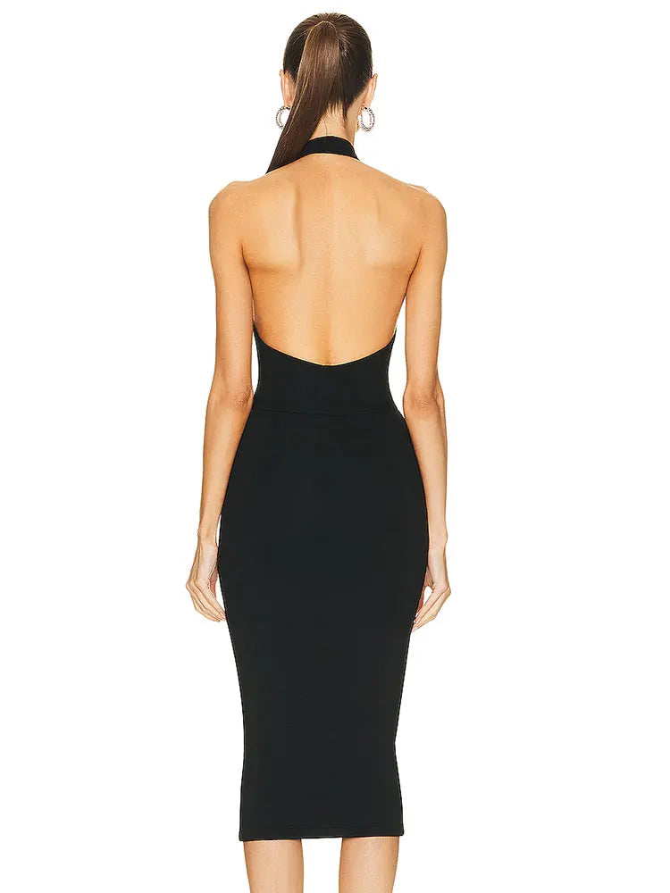 Sexy Women Hanging Neck Sleeveless Bandage Dress Bodycon Off Back Knee Black Dress Celebrity Cocktail Evening Party Vestido