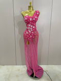 Luxury Shinning Rhinestones Flowers Sexy One Shoulder Bodycon Maxi Long Dress Women Evening Birthday Party Stage Costume Rose Red