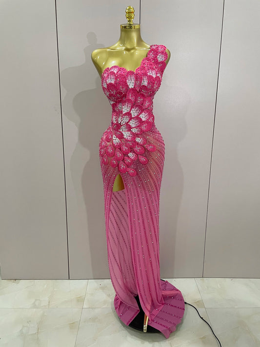 Luxury Shinning Rhinestones Flowers Sexy One Shoulder Bodycon Maxi Long Dress Women Evening Birthday Party Stage Costume Rose Red