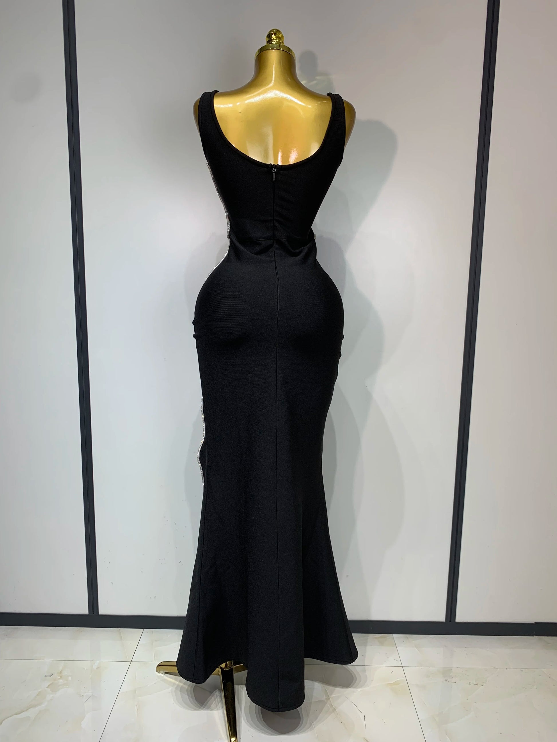 New Women Sexy Beading Black Maxi Long Bandage Dress Luxury Birthday Dresses Evening Club Party Knitted Bodycon Clothing