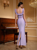 Women Celebrity Sexy O Neck Ruffles Purple Beading Maxi Long Bodycon Bandage Dress Elegant Evening Club Party Dress
