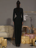 Sexy Women's Pearl Nail Bead Design Bandage Long Dress Stand Collar Long Sleeve Bodycon Hollow Dress Cocktail Banquet Dress