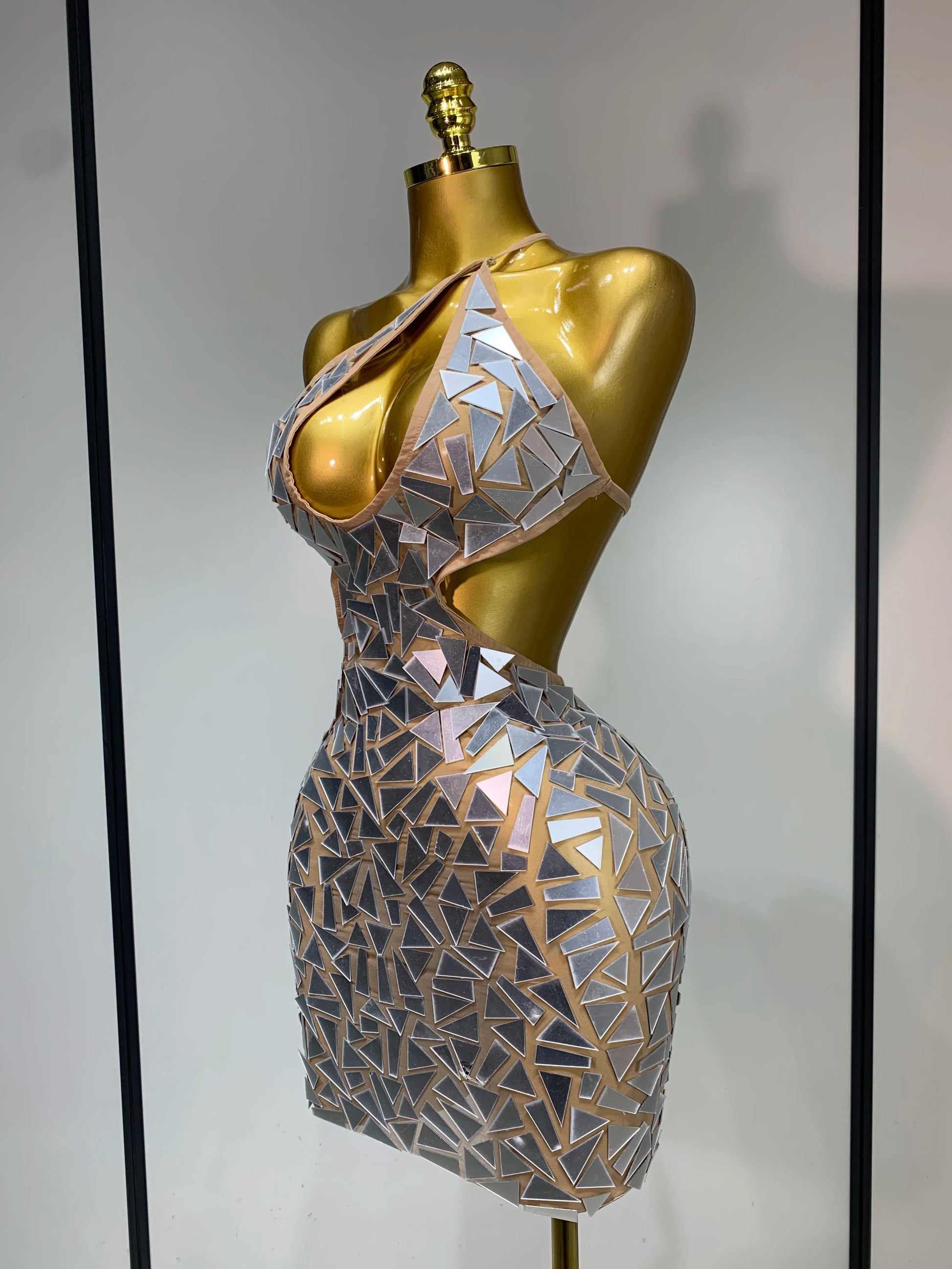 Women Sexy Halter Off the Shoulder Backless Shinning Mirrors Bodycon Mini Dress Celebrate Birthday Nightclub Party Stage Outfit