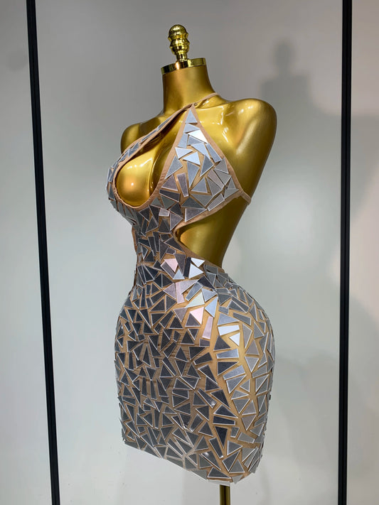 Women Sexy Halter Off the Shoulder Backless Shinning Mirrors Bodycon Mini Dress Celebrate Birthday Nightclub Party Stage Outfit