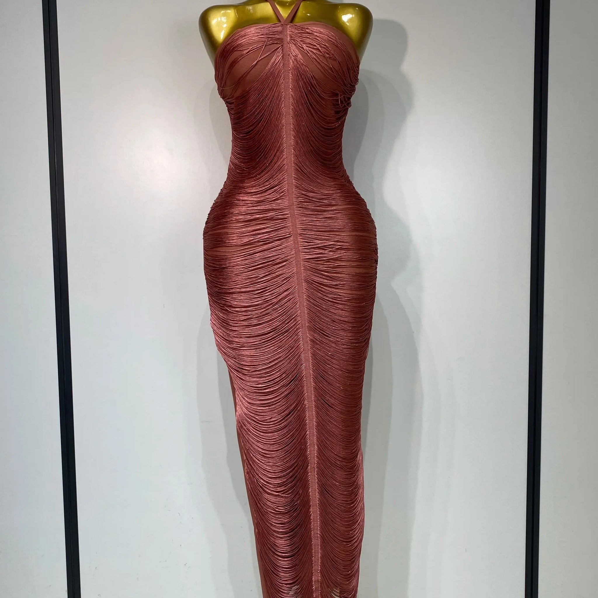 Women Sexy Celebrity Backless Halter Tassel Bodycon Bandage Dress Elegant Celebirty Evening Party Luxury Birthday Dress Brick red