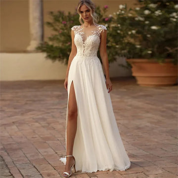 Elegant Boho Lace Wedding Dress Chiffon O-Neck Illusion Back Beach Side Split Applique Bridal Party Gown Vestidos De Novia
