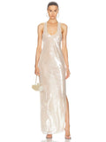 2025 Spring Sexy Women's Light Luxury Bright Piece Long Dress with U Neck Sleeveless Bodycon backless Evening Club Party Dresses Beige