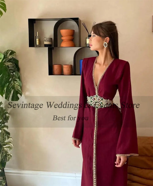 Modest Burgundy Karakou Algerian Evening Dresses A-Line Deep V-Neck Long Flare Sleeves Floor Length Formal Prom Gowns