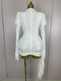 Women White Birthday Dress Fashion Long Sleeve O Neck Cut Out Bodycon Mini Trailing One Piece Celebrity Evening Club Dresses