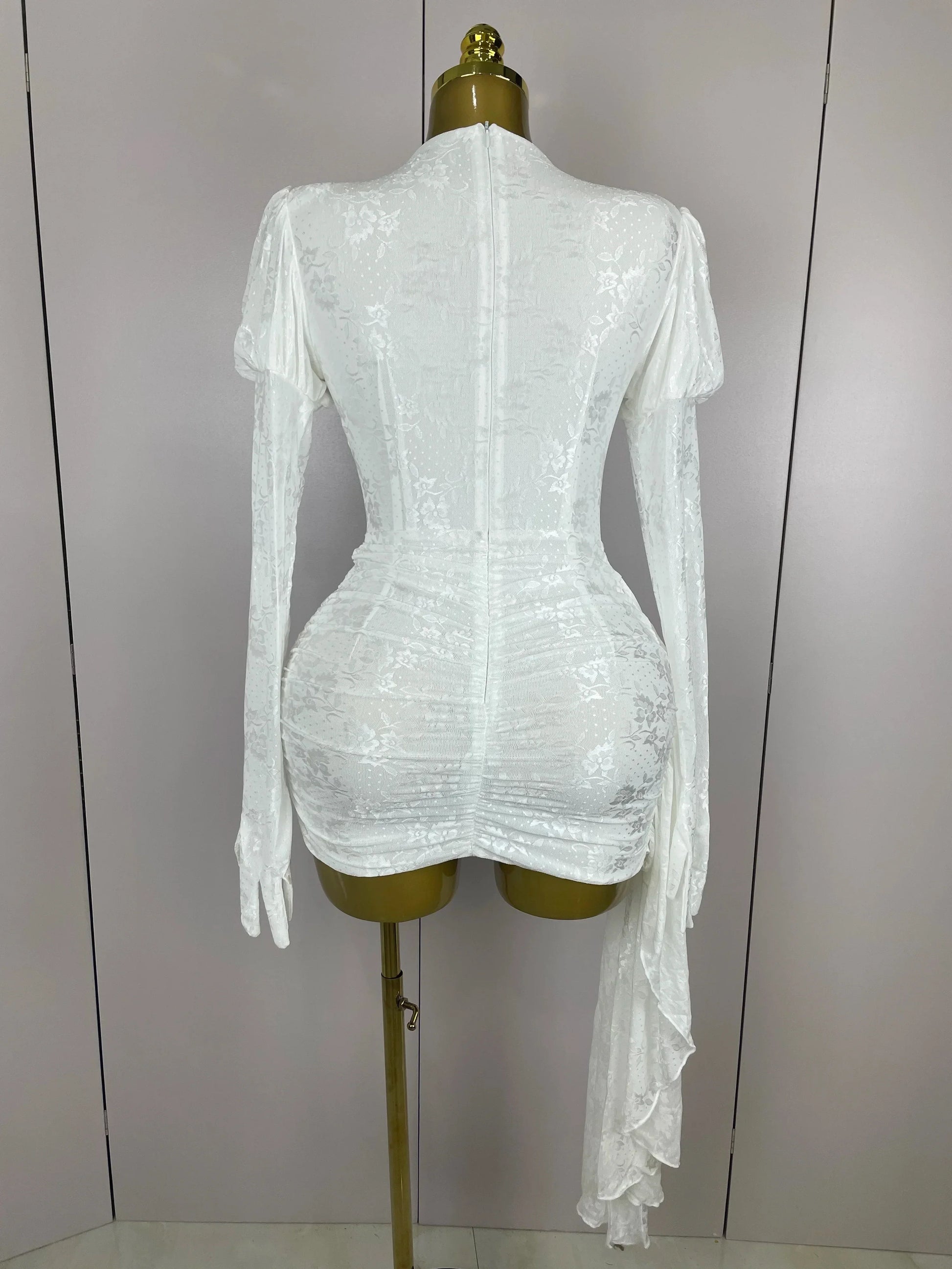 Women White Birthday Dress Fashion Long Sleeve O Neck Cut Out Bodycon Mini Trailing One Piece Celebrity Evening Club Dresses