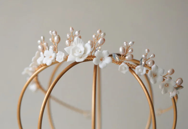 Gold Color Headband Freshwater Pearl Headpiece For Brides Porcelain Flower Hairband Wedding Accessories Bridal Hair Jewelry gold color