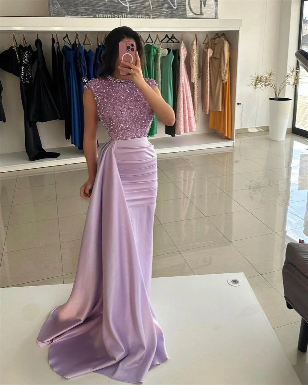 Lavender vestidos de noche Glitter Top Mermaid Prom Dresses Elegant Sleeveless Sweep Train Shiny Sequins Valentines Day As Picture