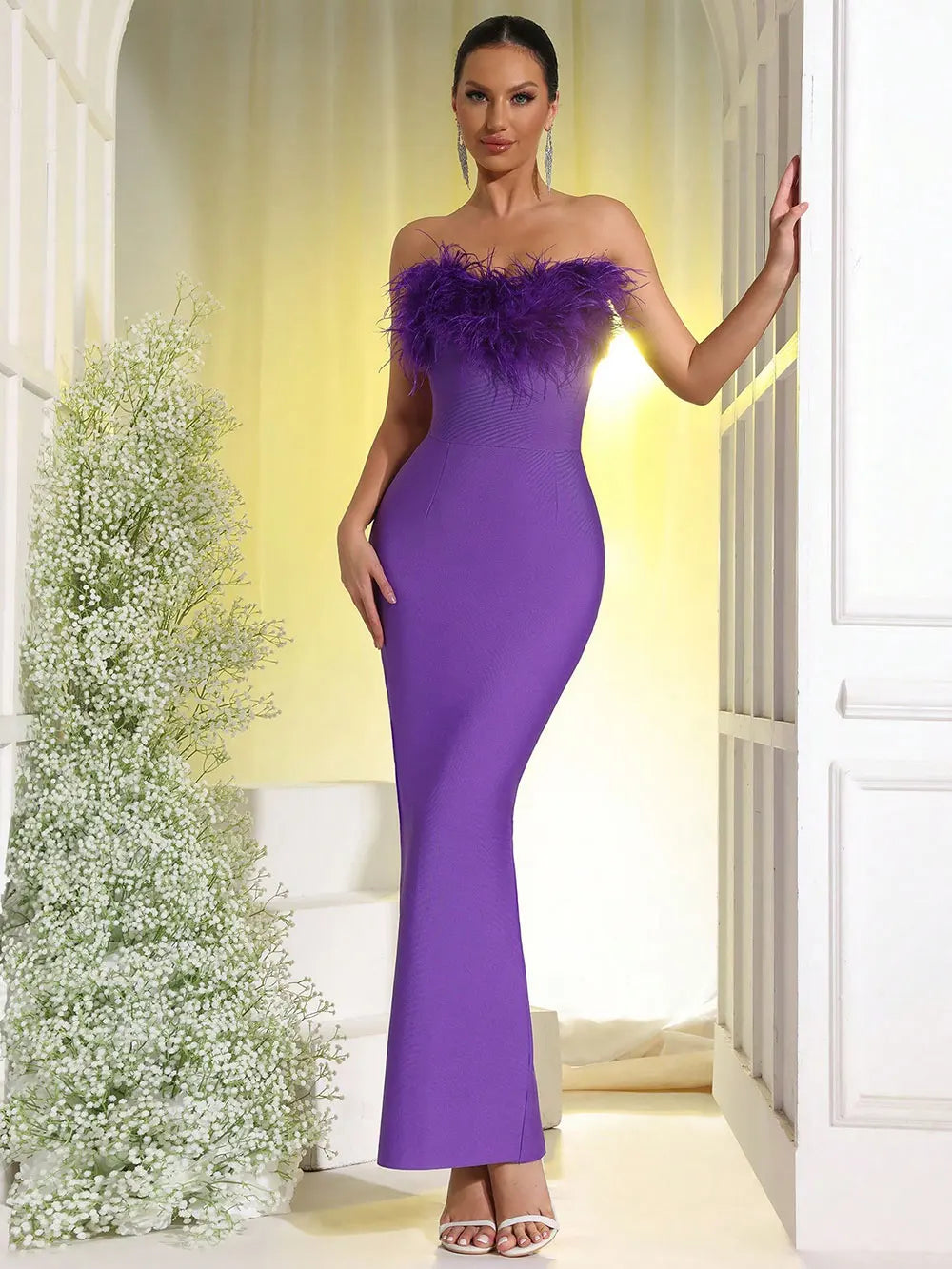 Spring Sexy Women Feather Design Bandage Dress Strapless Sleeveless Bodycon Backless Long Dress Evening Club Party Vestidos PURPLE