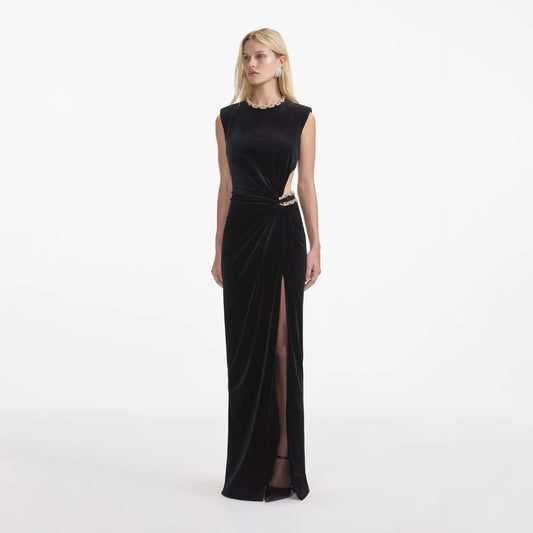 High Quality Black Color Women Sexy Sleeveless O-Neck Velvet Bodycon Long Maxi Dress Elegant Evening Party Cocktail Dress