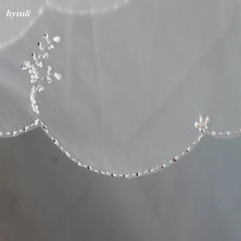 Two-Tier Hand-Beaded Scalloped Edge Bridal Veil Wedding Accessory with Metal Comb
