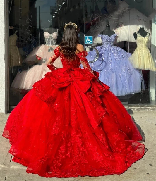 Shiny Red Quinceanera Dresses with Big Bow Boat Neck Beading Lace Appliques Vestidos De 15 Anos Birthday Party