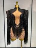 Luxury Rhinestones Tassels Mini Dress Suit Women Sexy See Through Mesh Birthday Party Club Dresses Performance Stage Outfit black