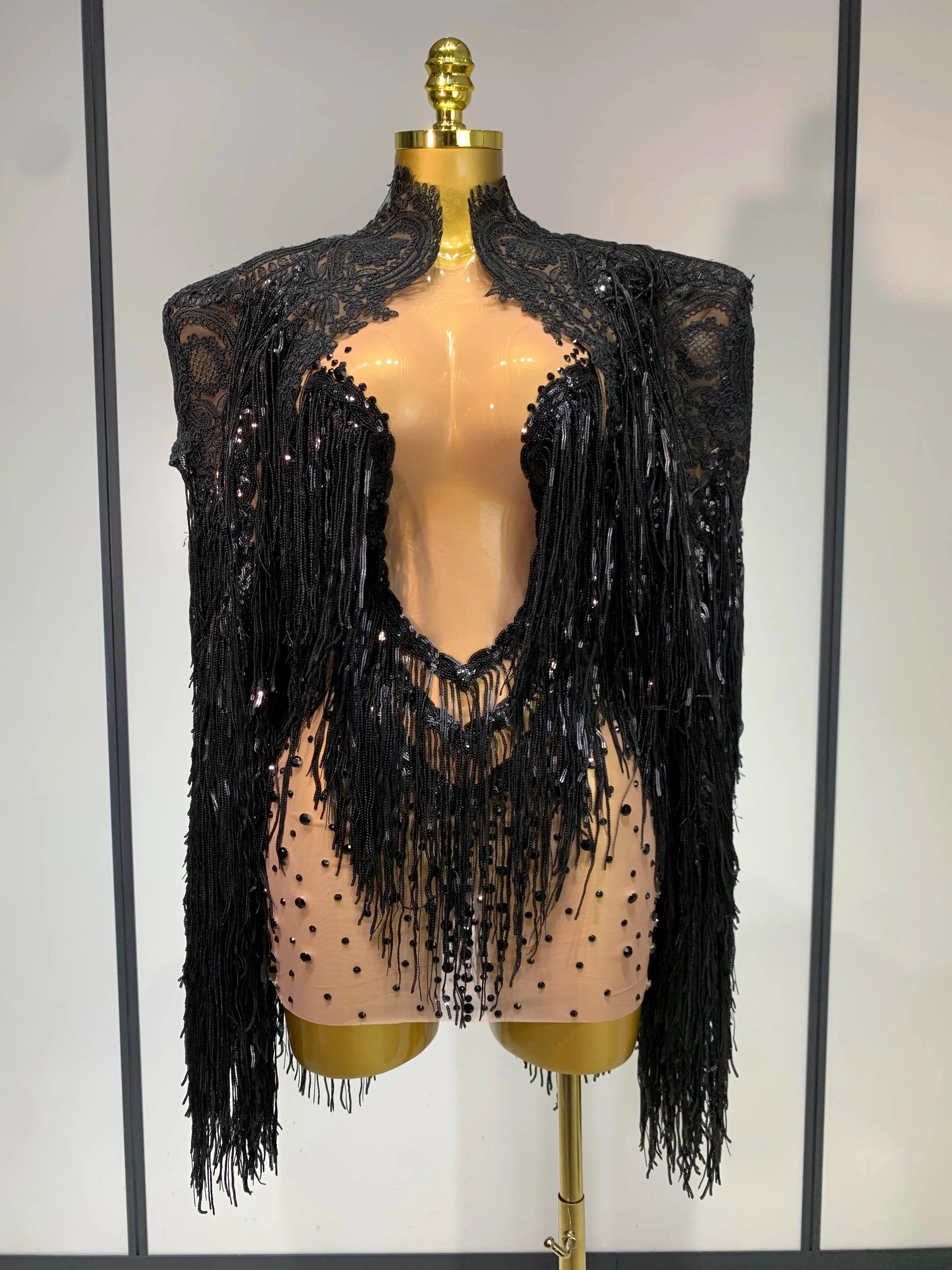 Luxury Rhinestones Tassels Mini Dress Suit Women Sexy See Through Mesh Birthday Party Club Dresses Performance Stage Outfit black