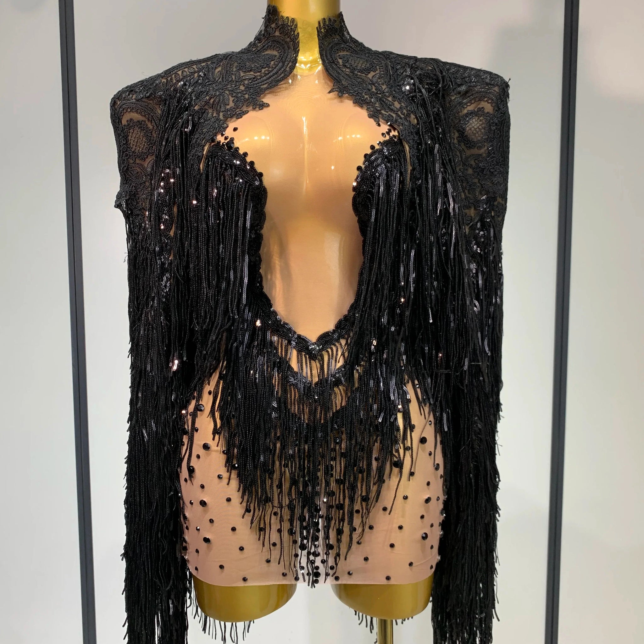 High Quality Rhinestones Tassels Mini Dress Suit Luxury Women Sexy See Through Mesh Party Club Dresses Performance Stage Outfit black