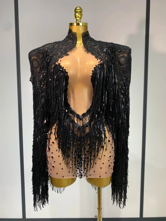 High Quality Rhinestones Tassels Mini Dress Suit Luxury Women Sexy See Through Mesh Party Club Dresses Performance Stage Outfit black
