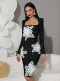Women's Light Luxury 3D Flower Design Bandage Dress Square Neck Long Sleeve Bodycon Flute Dress Evening Club Party Vestidos
