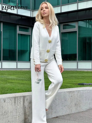 Casual Women's Knitted Pants Set V-neck Long sleeved Single breasted Knitted Sweater Cardigan+Flare Pants Two piece Set