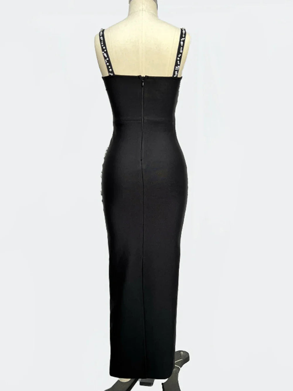Ladies Diamond Beads Spaghetti Strap Backless Design Celebrity Evening Club Black Sleeveless Sexy Maxi Bandage Dress Vestidos
