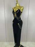 Black Chain Spaghetti Strap V-Neck Split Bandage Dress Bodycon Celebrity Club Party Long Dress Vestidos