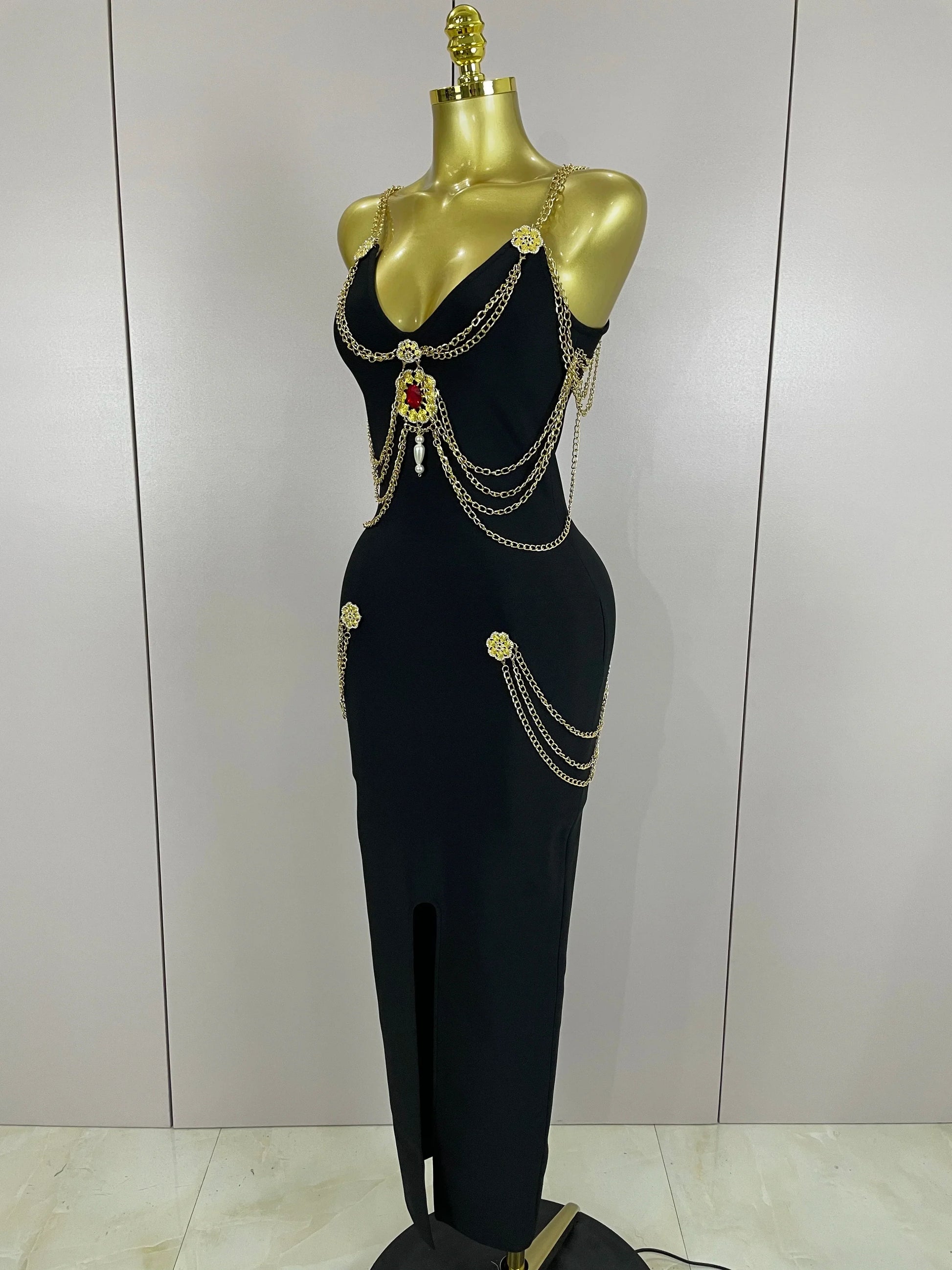 Black Chain Spaghetti Strap V-Neck Split Bandage Dress Bodycon Celebrity Club Party Long Dress Vestidos
