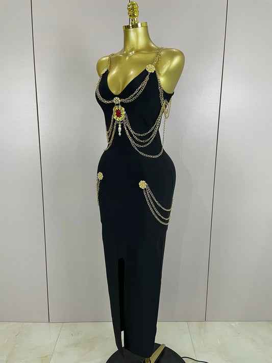 Black Chain Spaghetti Strap V-Neck Split Bandage Dress Bodycon Celebrity Club Party Long Dress Vestidos
