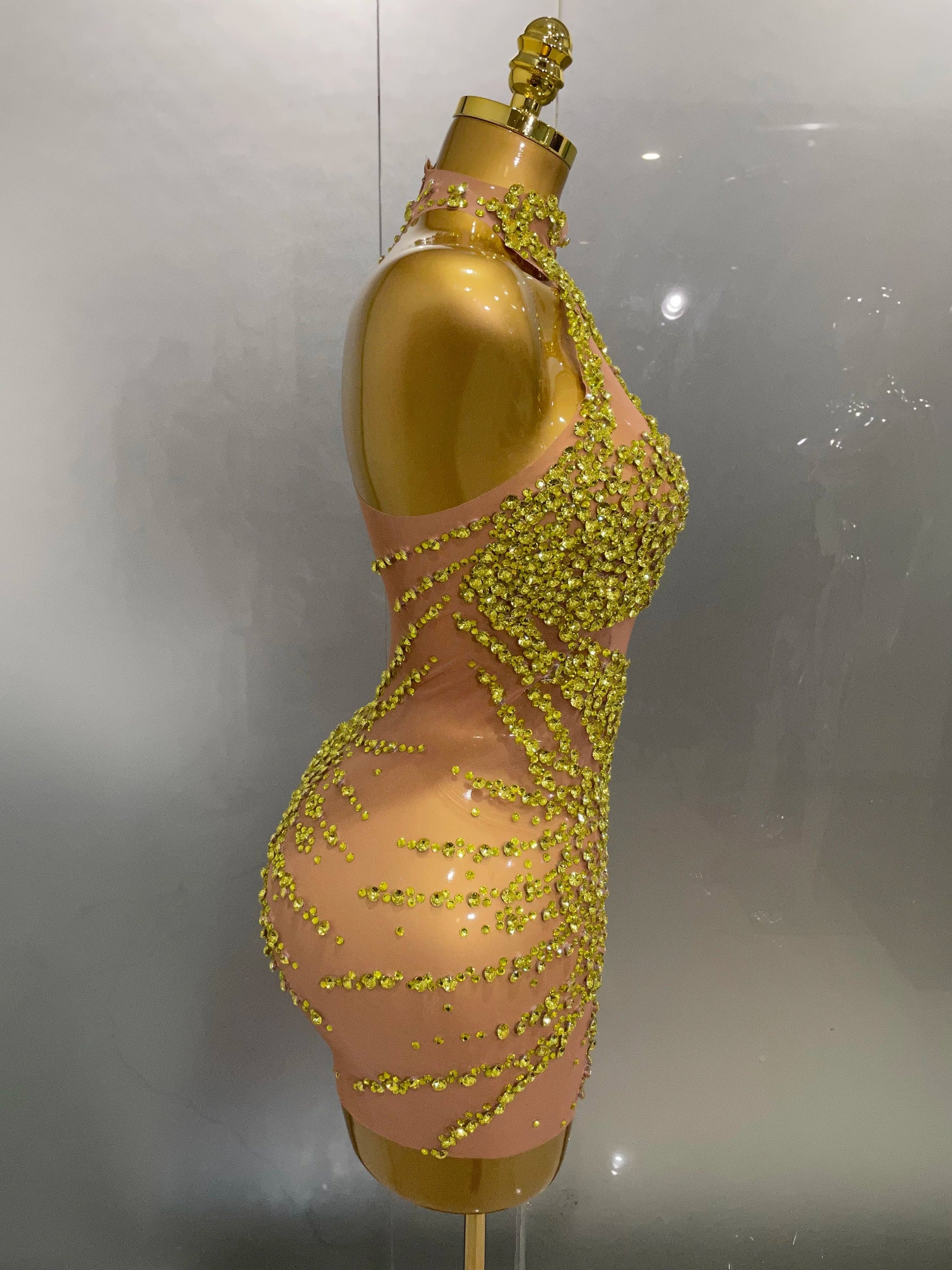Luxury Sparkle Rhinestones Mesh Transparent Prom Dress Women Sexy Birthday Celebrate Party Club Prom Outfit Bar Costume