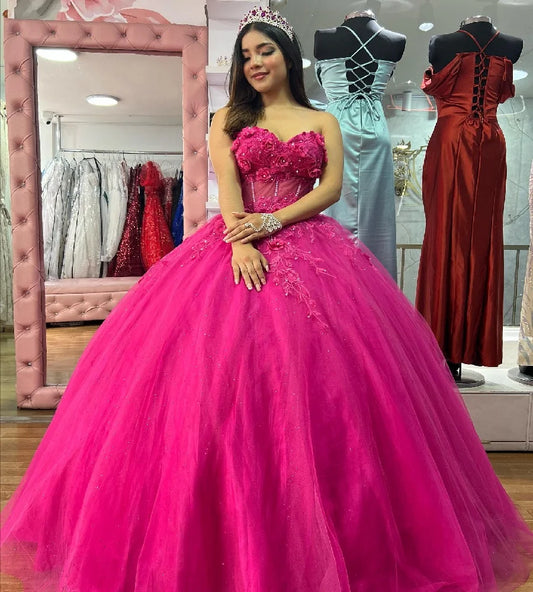 Elegant Fuchsia Quinceanera Dresses With 3D Florals 2025 Sweetheart Ball Gown Tulle Beaded Vestidos De 15 Años Xv Customized hot pink