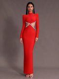 Women'S Light Luxury Nail Bead Sexy Backless Bandage Dress Stand Collar Long Sleeved Bodycon Backless Long Dress Vestidos Red