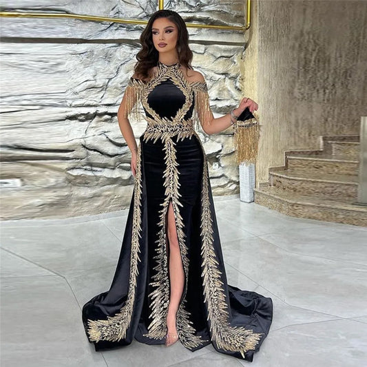 Noble Black Prom Dress Halter Lace Appliques Floor length Mid Slit Evening Dress vestidos para eventos especiales Black