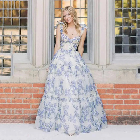 Blue And White Porcelain فساتين سهره فاخره Sweet Light Blue A-line فساتين السهرة Bow On Shoulder Prom Dresses