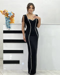 New Arrival Women Sleeveless Sexy Square Collar Tassels Bodycon Bandage Long Dress Celebrate Nightclub Evening Party Dress black