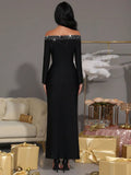 Elegant Women's Hot Diamond Design Bandage Dress with One Collar Long Sleeve Slimming Long Dresses Evening Party Vestitos