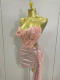 Sexy Pink Sequin Strapless 2 Pieces Bodycon Mini Dress Women Celebrate Birthday Party Bar Singer Nightclub Stage Costume