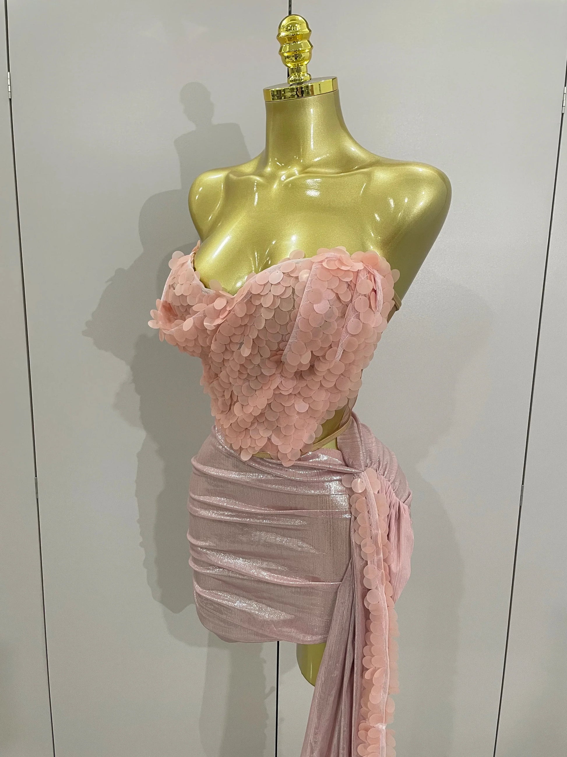 Sexy Pink Sequin Strapless 2 Pieces Bodycon Mini Dress Women Celebrate Birthday Party Bar Singer Nightclub Stage Costume