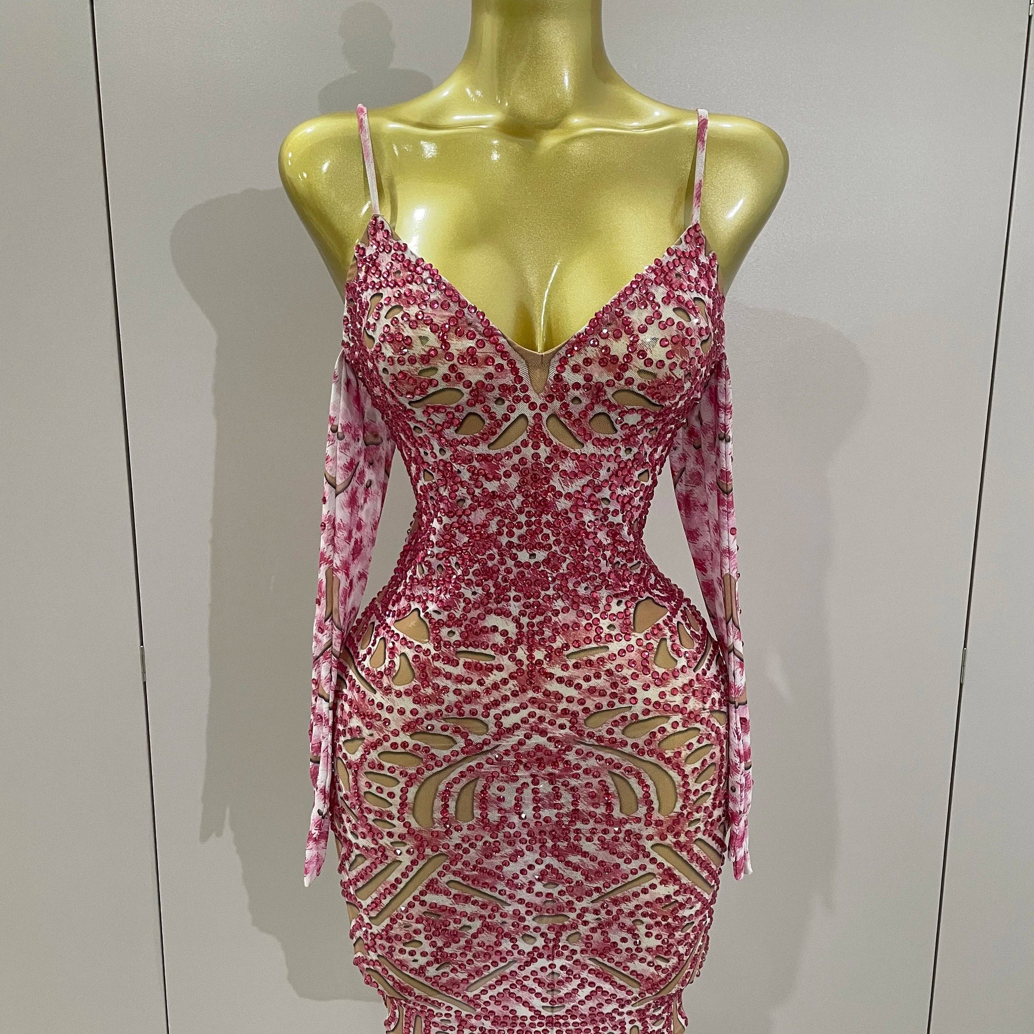 Sexy Sparkly Rhinestones Mesh Mini Dress With GlovesWomen Evening Birthday Party Celebrate Costume Dancer Stage Wear Red