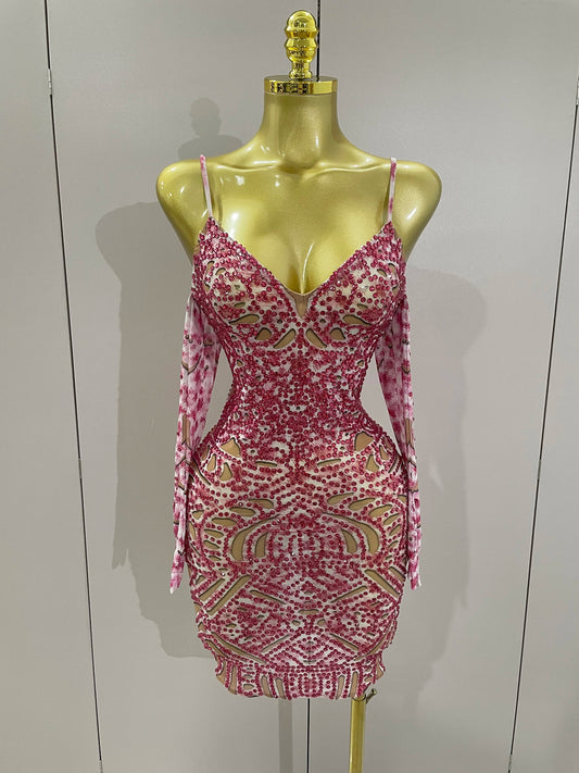 Sexy Sparkly Rhinestones Mesh Mini Dress With GlovesWomen Evening Birthday Party Celebrate Costume Dancer Stage Wear Red