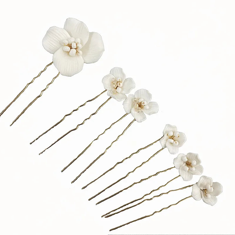 Porcelain Flower Hairpins White Floral Hair Pins Clips For Brides Bridesmaids Head Pieces Wedding Accessories Bridal Jewelry