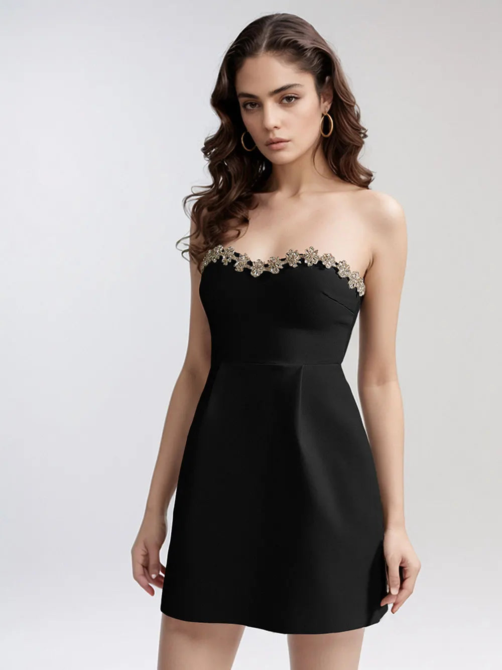 Sexy Women Three-Dimensional Rhinestone Design Dress Strapless Sleeveless A-Line Backless Mini Dress Cocktail Party Vestido black