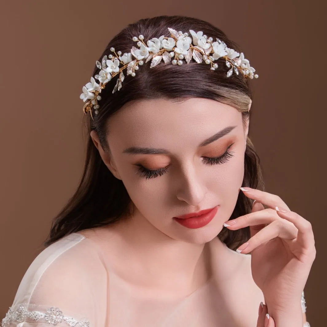 Wedding Hair Accessories Porcelain Flower Headband Hairband For Brides Handmade Gold Color Headpiece Headdress Bridal Jewelry