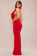 Red Color Women Sexy Halter Florals Keyhole Bodycon Long Bandage Dress Laced-up Backless Nightclub Party Celebrate Wear