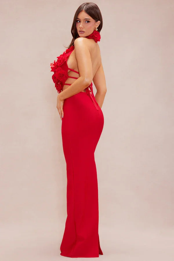 Red Color Women Sexy Halter Florals Keyhole Bodycon Long Bandage Dress Laced-up Backless Nightclub Party Celebrate Wear