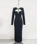 Women Long Sleeve Sexy Shinning Crystal Keyholes Bodycon Long Bandage Dress Celebrate Evening Party Cocktail Outfit