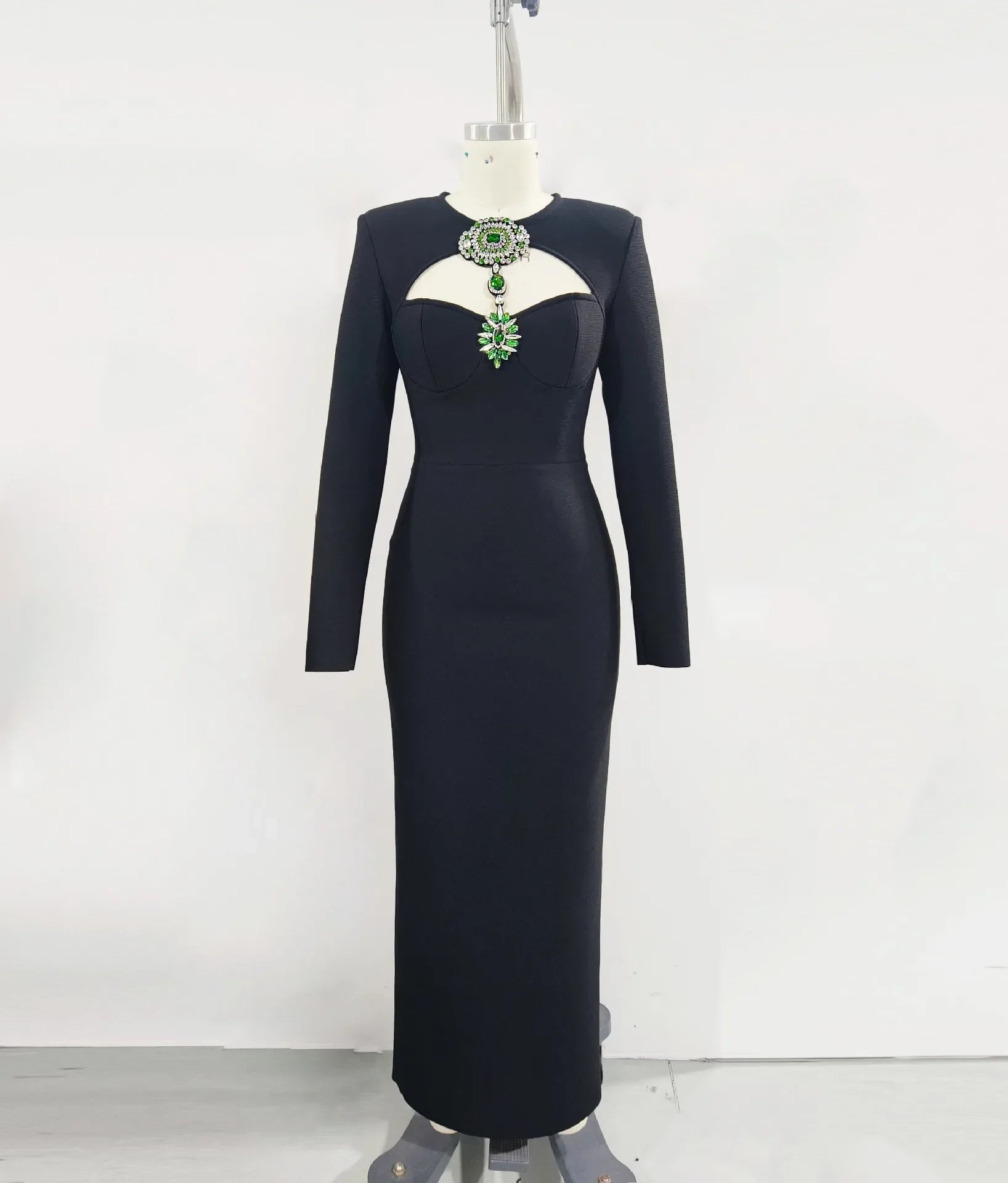 Women Long Sleeve Sexy Shinning Crystal Keyholes Bodycon Long Bandage Dress Celebrate Evening Party Cocktail Outfit