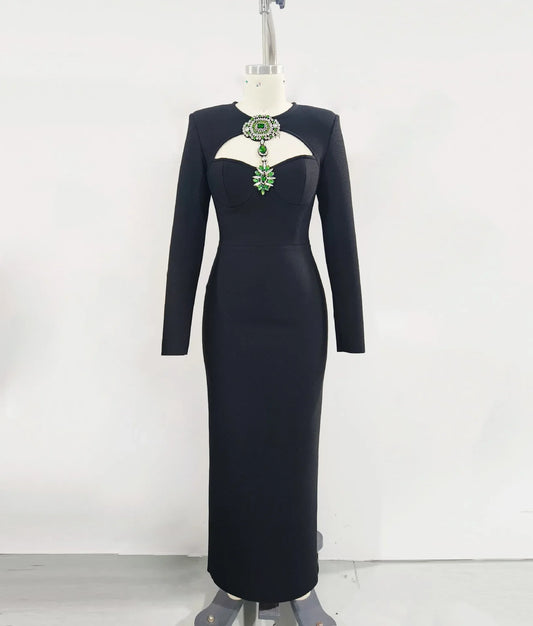 Women Long Sleeve Sexy Shinning Crystal Keyholes Bodycon Long Bandage Dress Celebrate Evening Party Cocktail Outfit